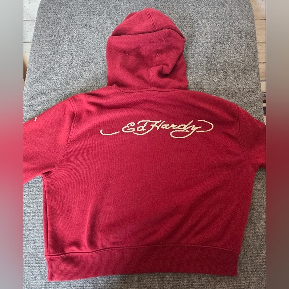 Ed Hardy Women’s L Red Burgundy Koi Fish Tattoo Graphic Hoodie - Picture 8 of 9